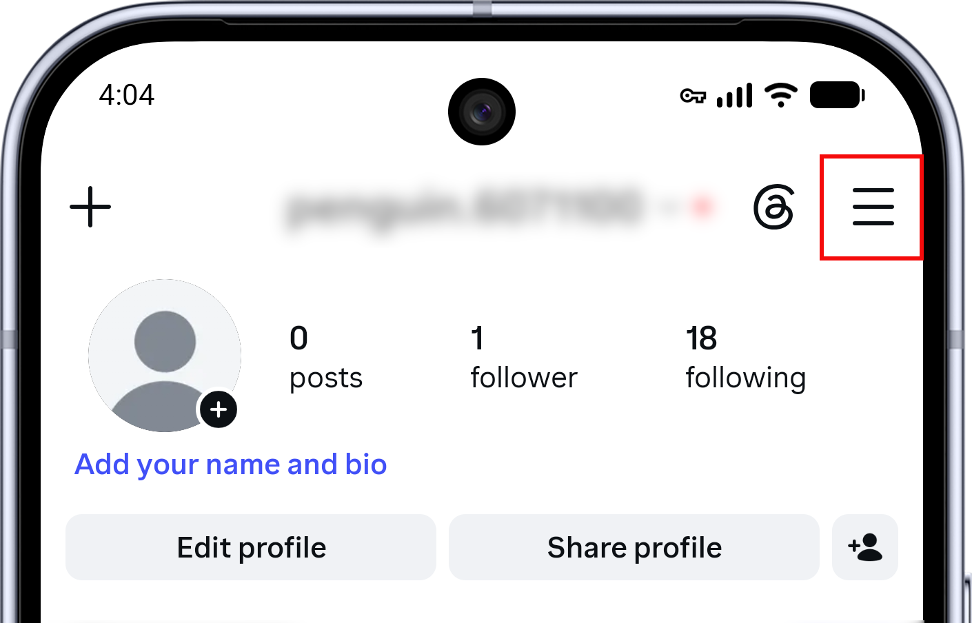 Instagram profile with the three-line menu highlighted