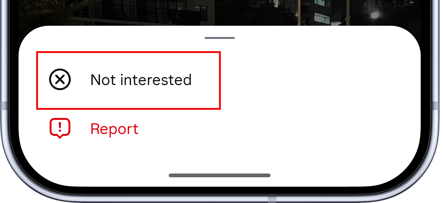 Instagram post menu with Not interested highlighted