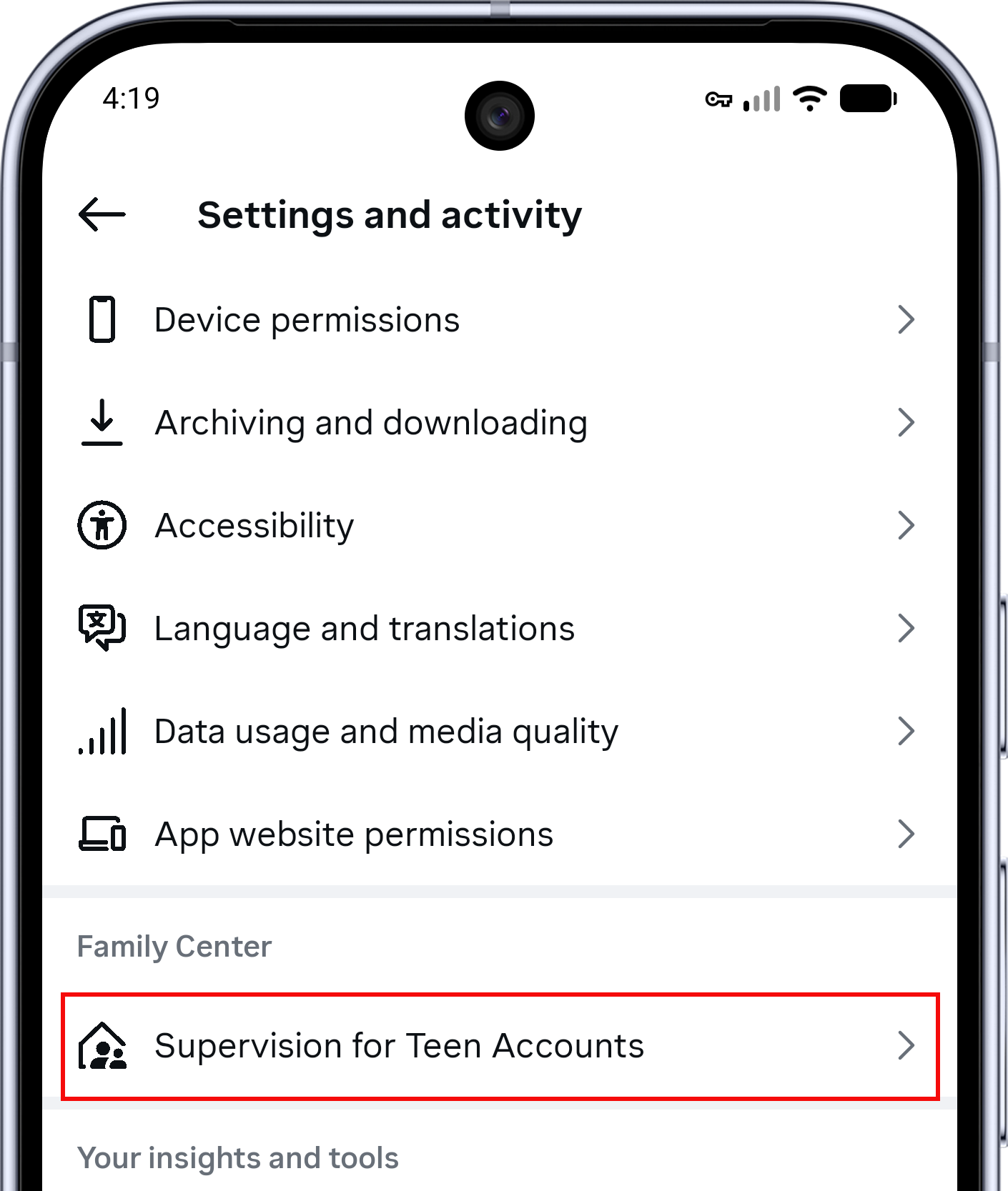 Instagram Settings and activity screen with Supervision for Teen Accounts highlighted