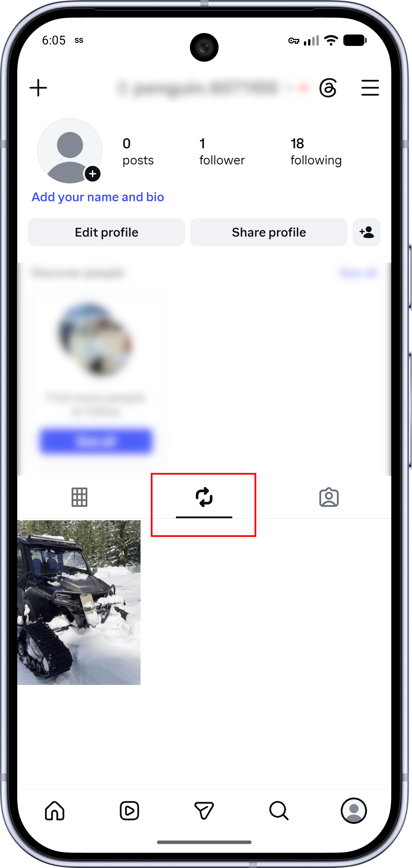 Instagram profile with the Reposts tab highlighted