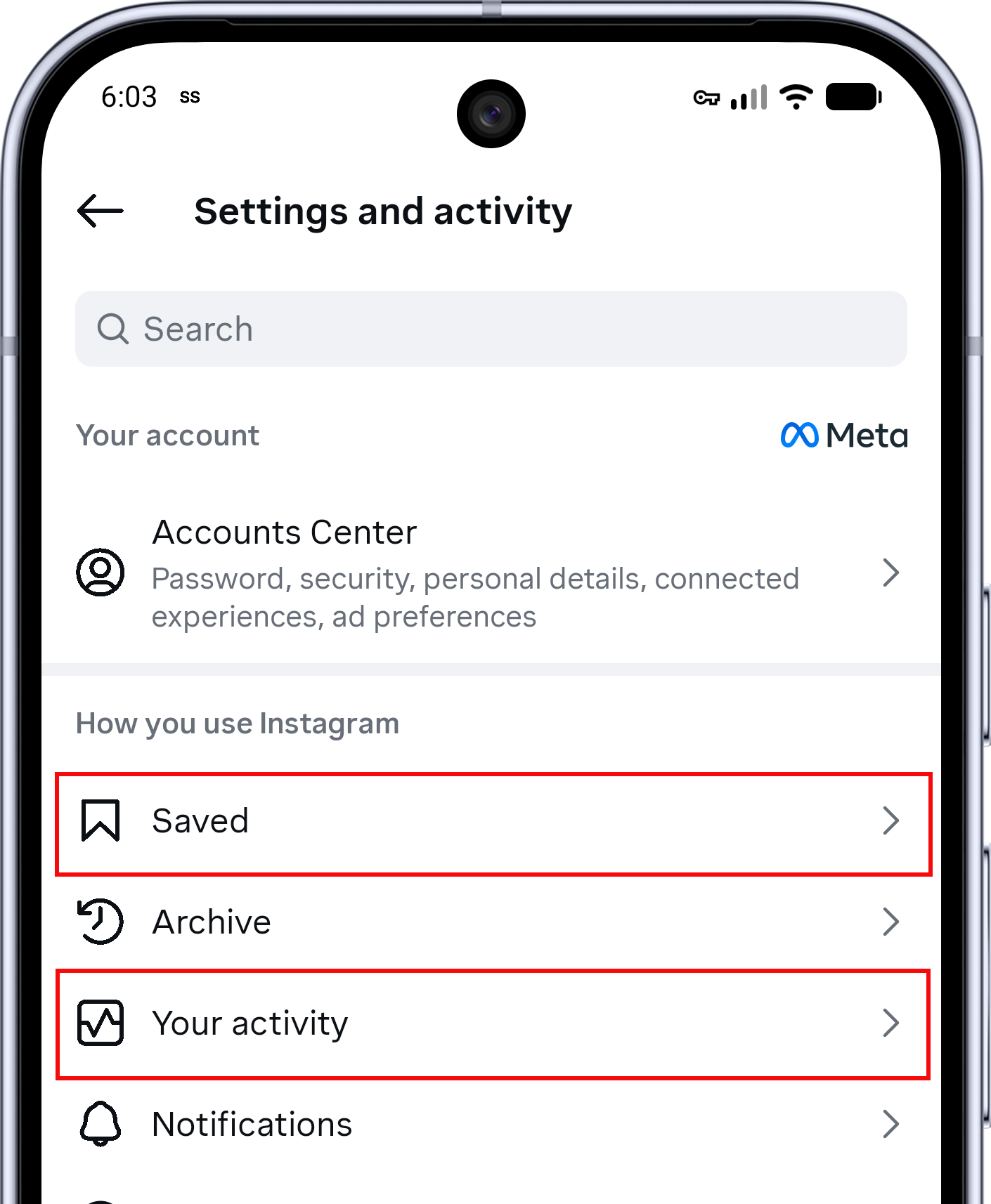 Instagram Settings and activity screen with Saved and Your activity highlighted