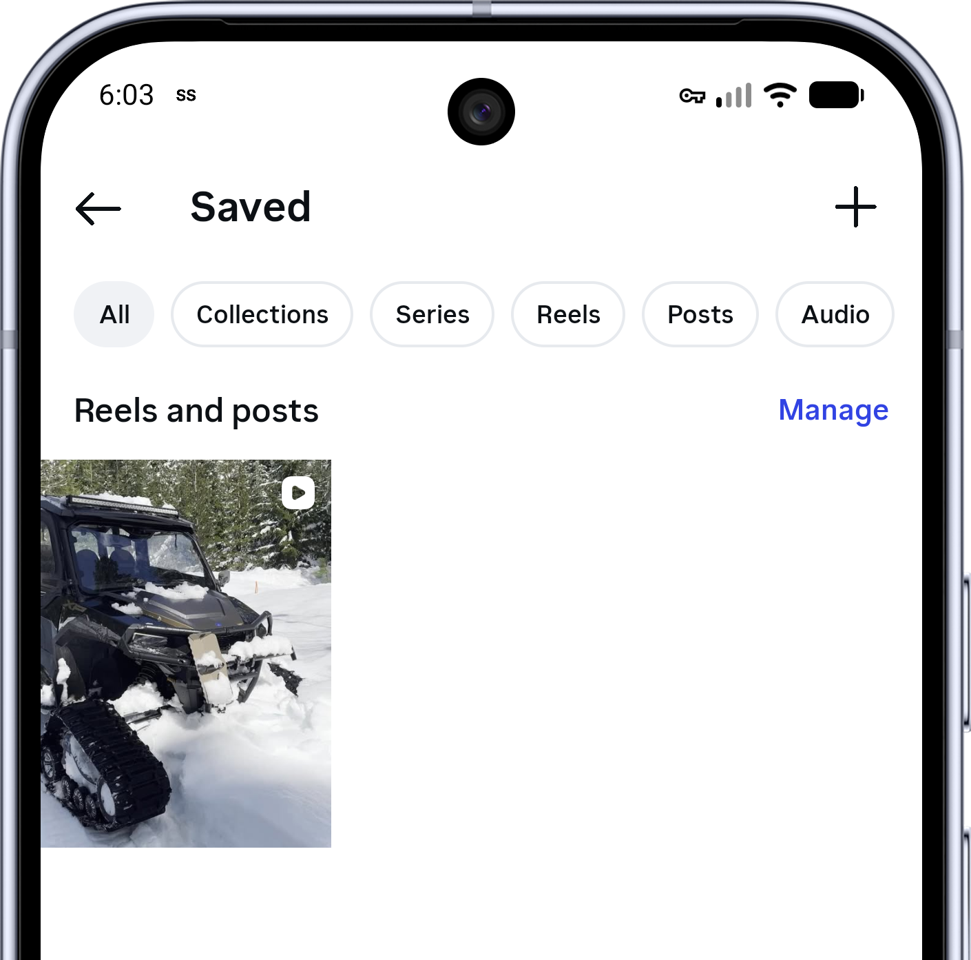 Instagram Saved screen showing saved Reels and posts
