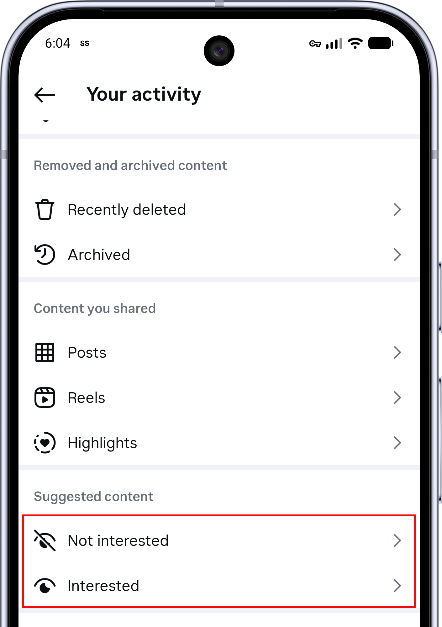 Instagram Your activity screen with Not interested and Interested highlighted
