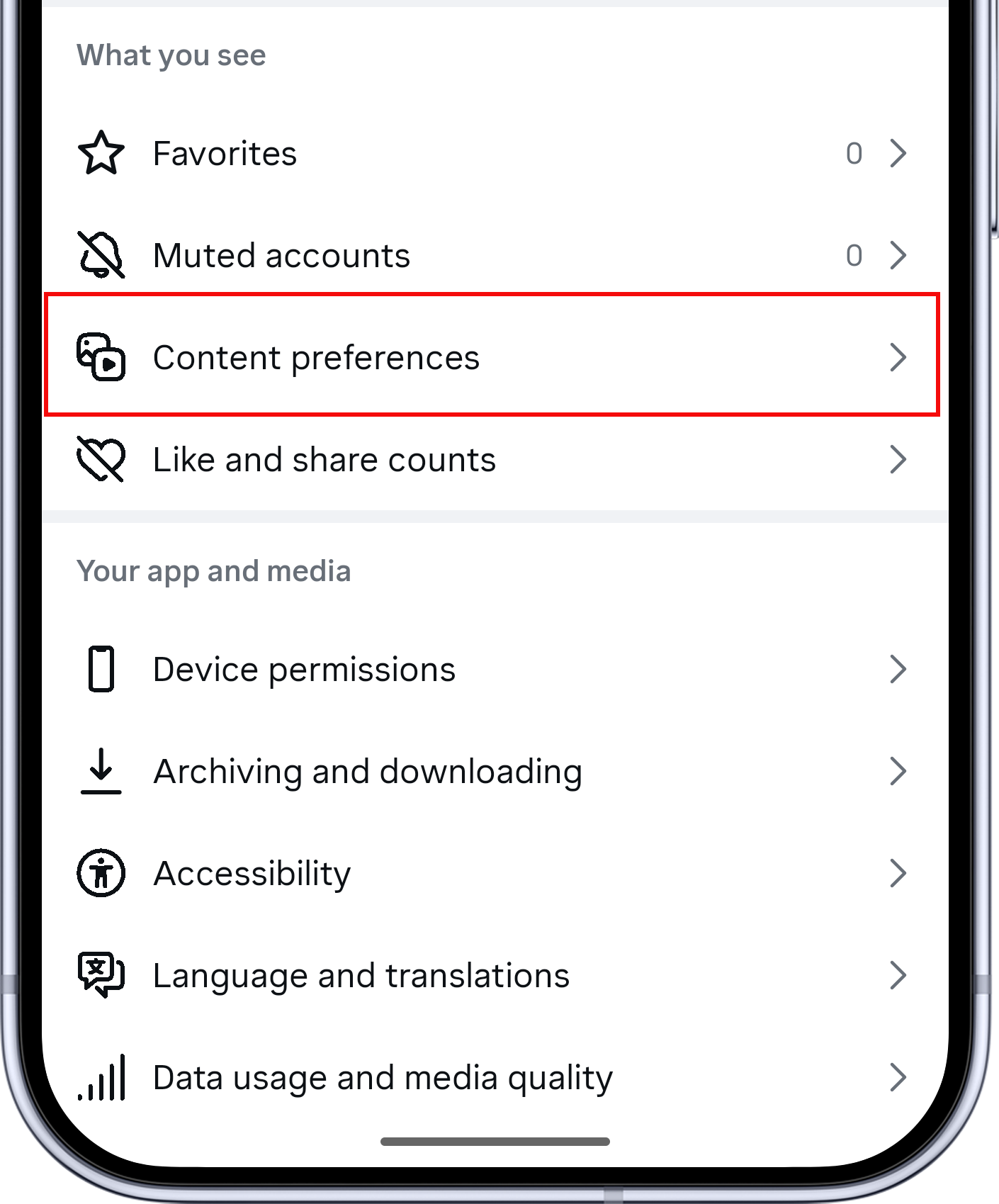 Instagram Settings and activity screen with Content preferences highlighted