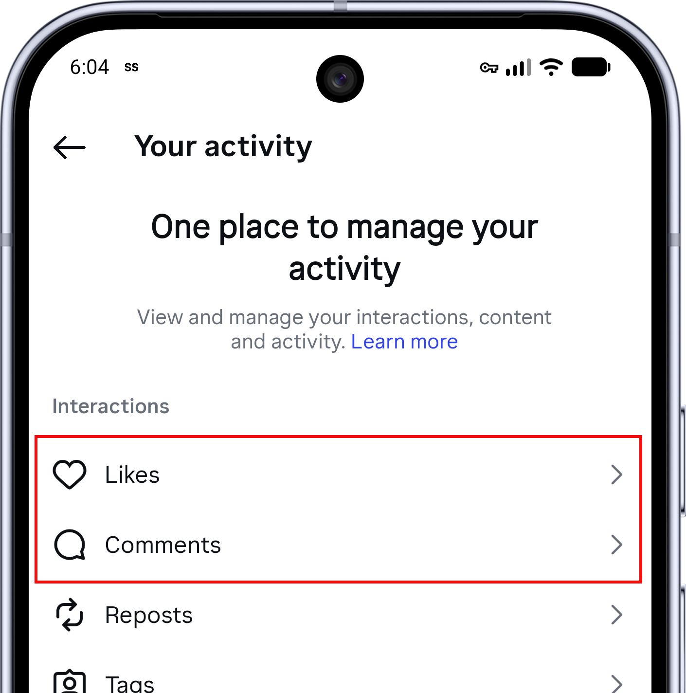 Instagram Your activity screen with Likes and Comments highlighted