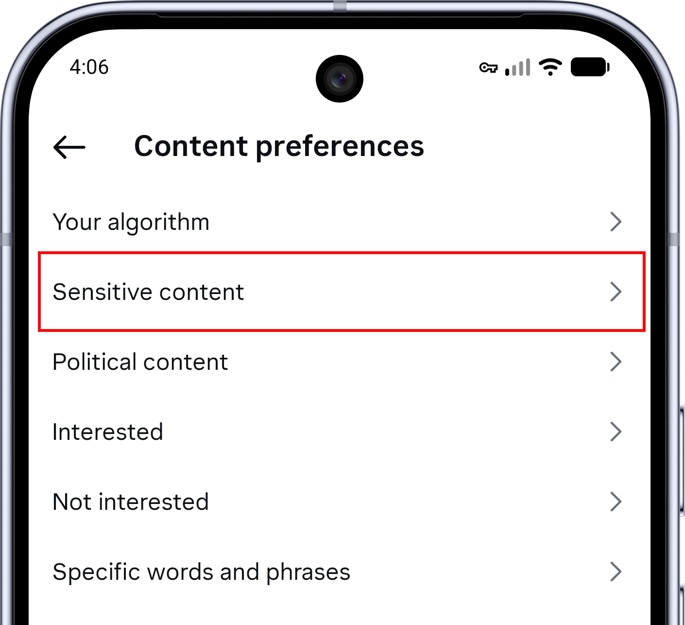 Instagram Content preferences screen with Sensitive content highlighted