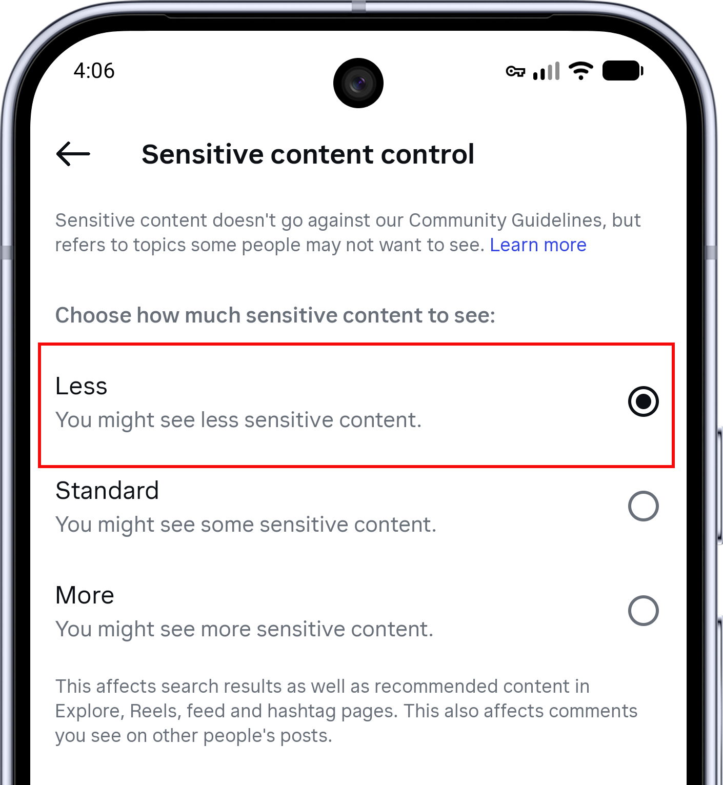 Instagram Sensitive content control with Less selected