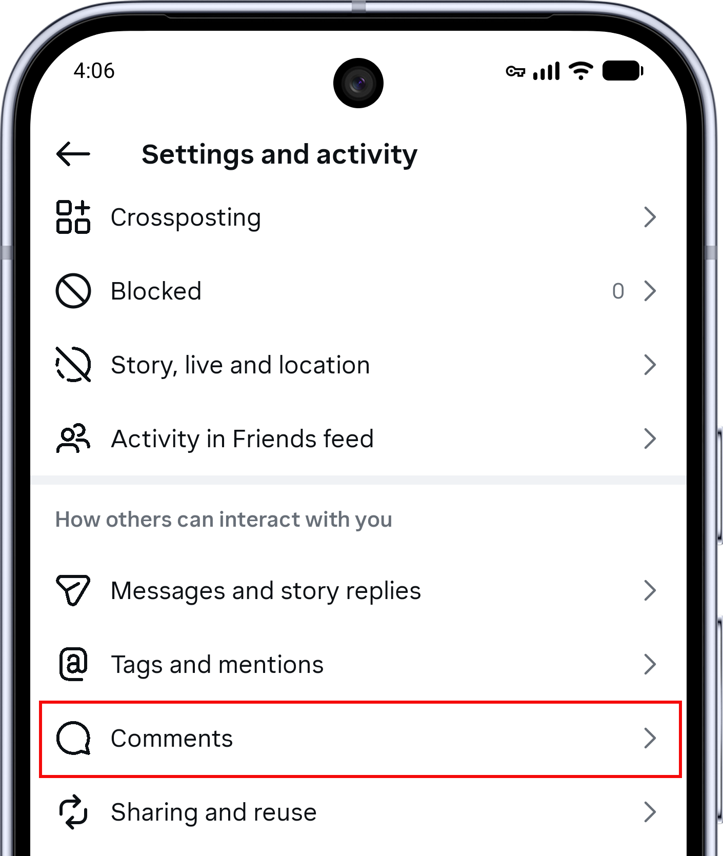 Instagram Settings and activity screen with Comments highlighted
