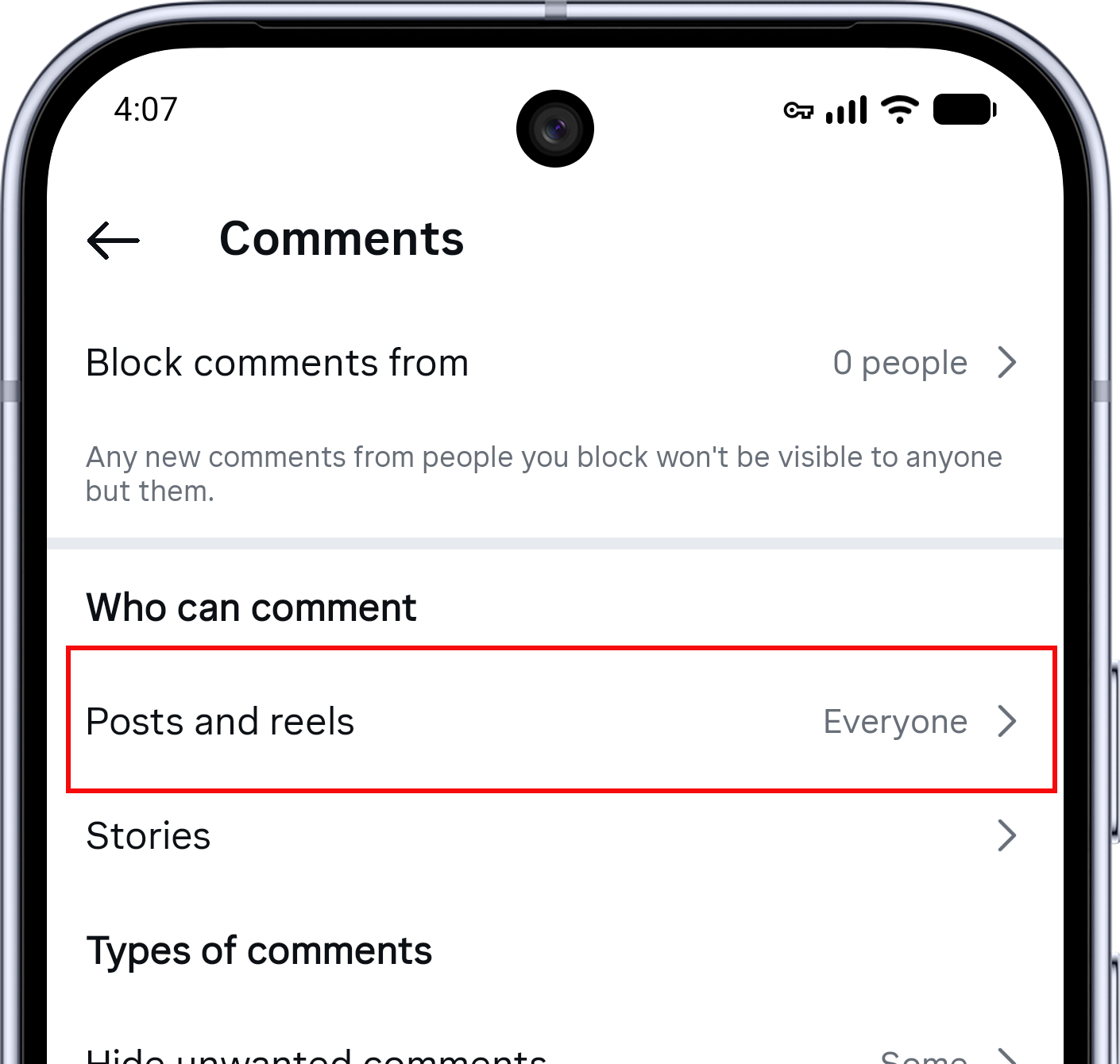 Instagram Comments settings with Posts and reels highlighted