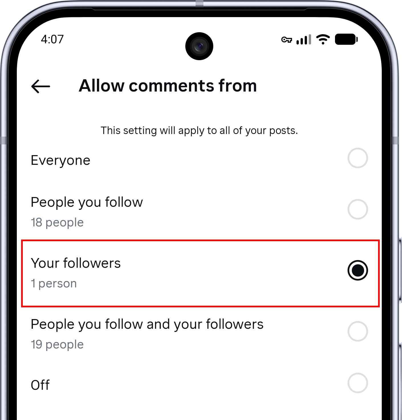 Instagram Allow comments from screen with Your followers selected