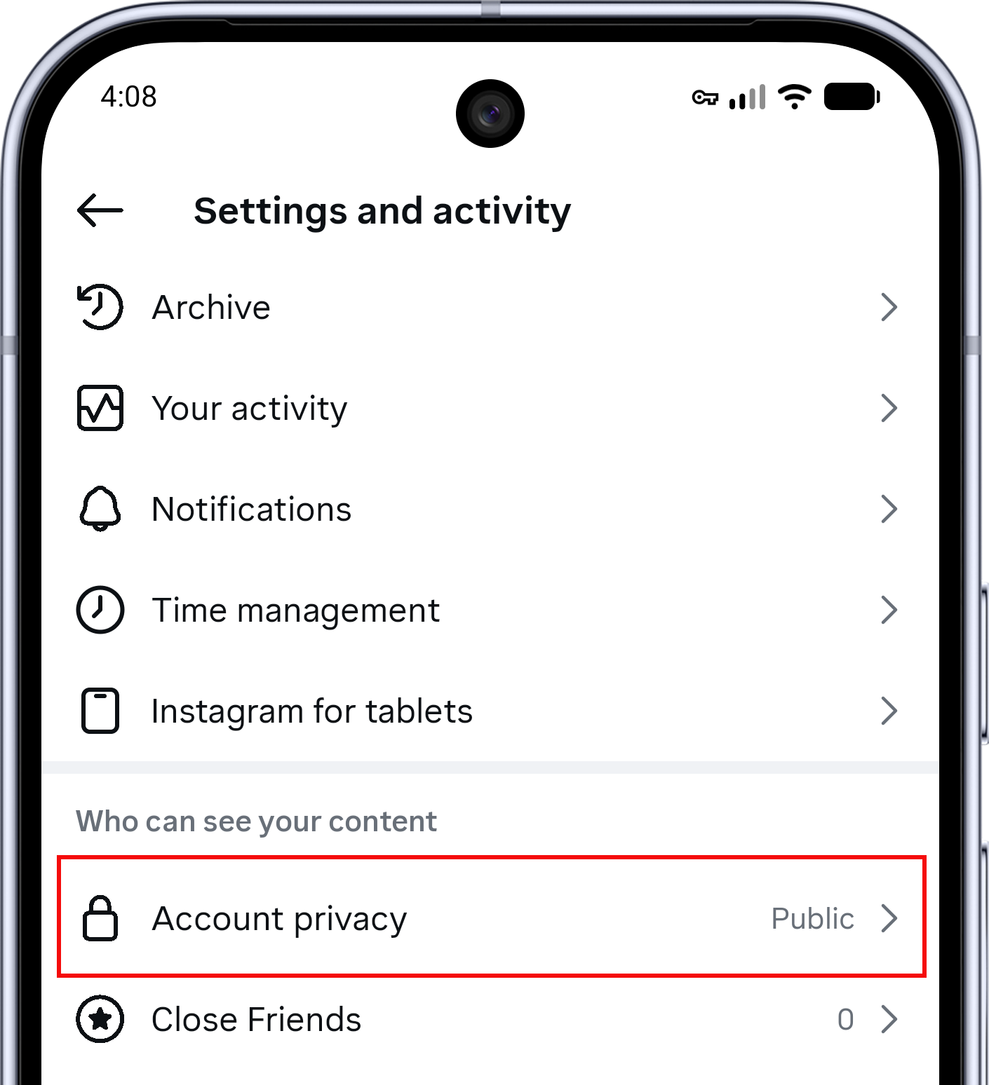 Instagram Settings and activity screen with Account privacy highlighted