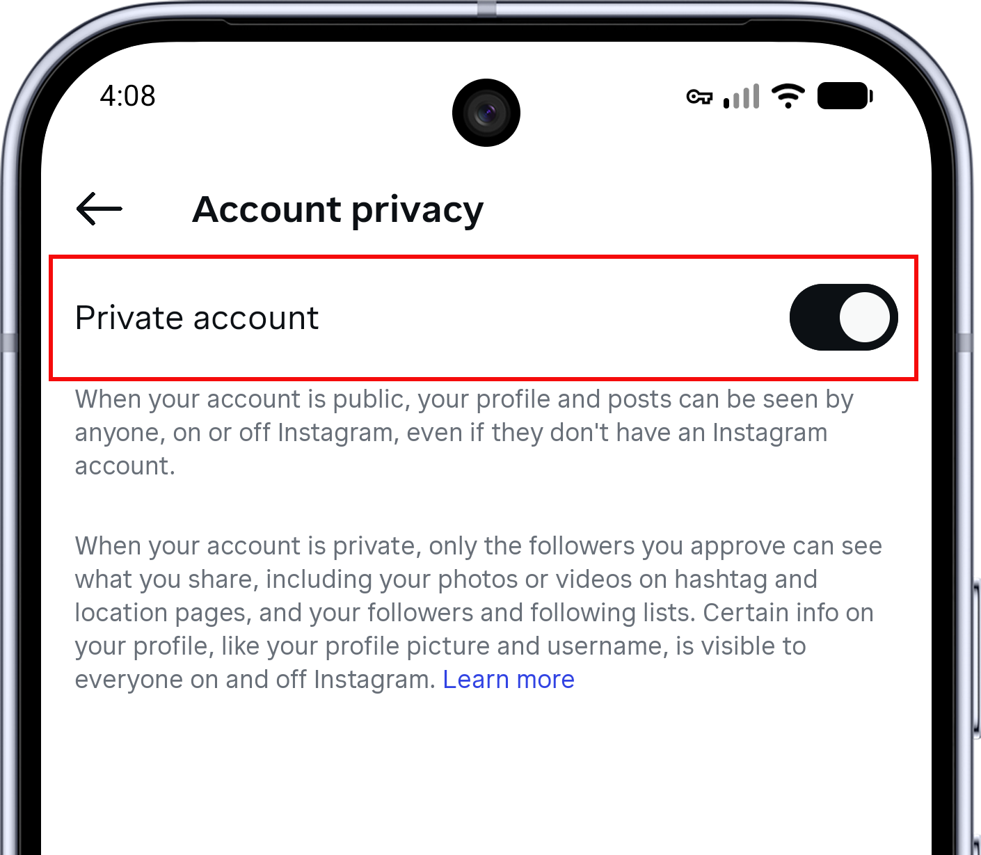 Instagram Account privacy screen with the Private account control highlighted