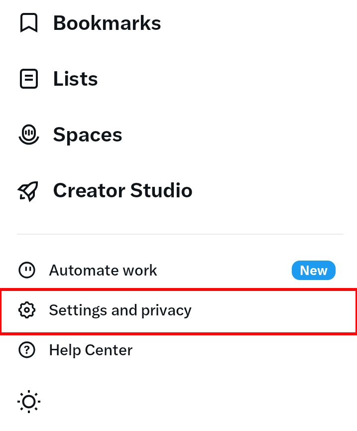 X side menu with Settings and privacy highlighted