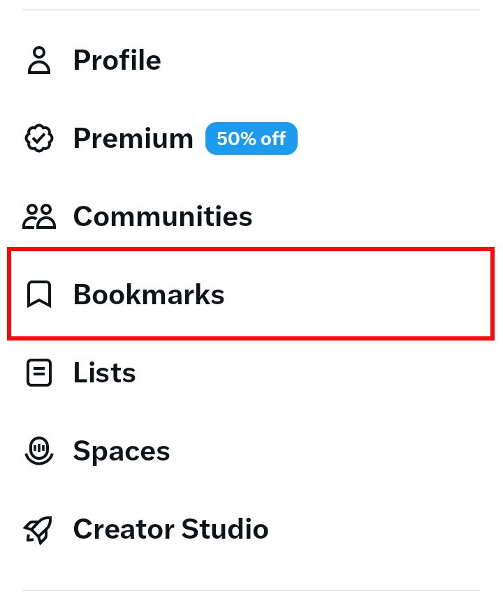 X side menu with Bookmarks highlighted
