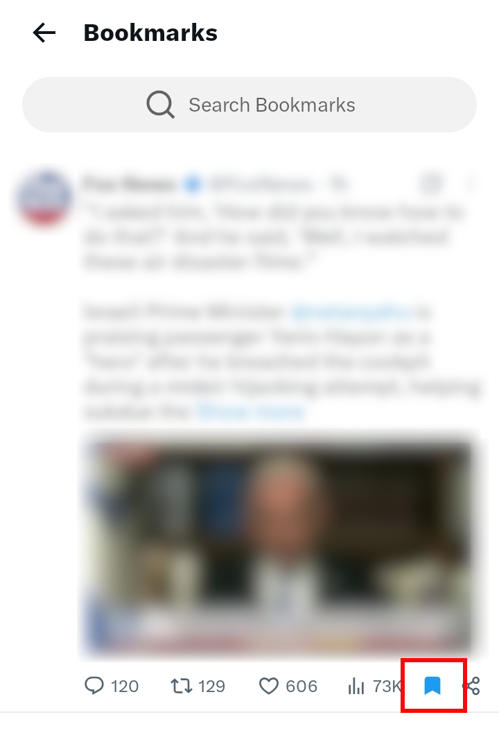 X Bookmarks screen with a filled bookmark icon highlighted