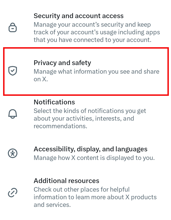 X Settings screen with Privacy and safety highlighted