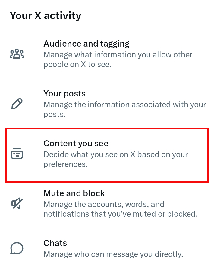X Privacy and safety screen with Content you see highlighted