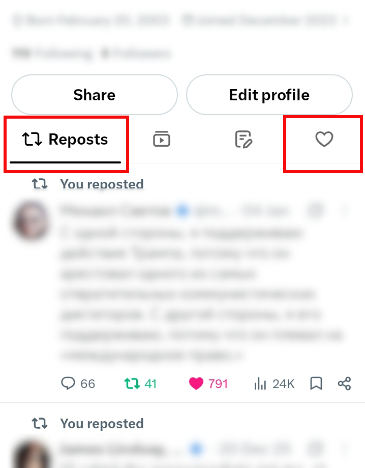 X profile with Reposts and Likes tabs highlighted
